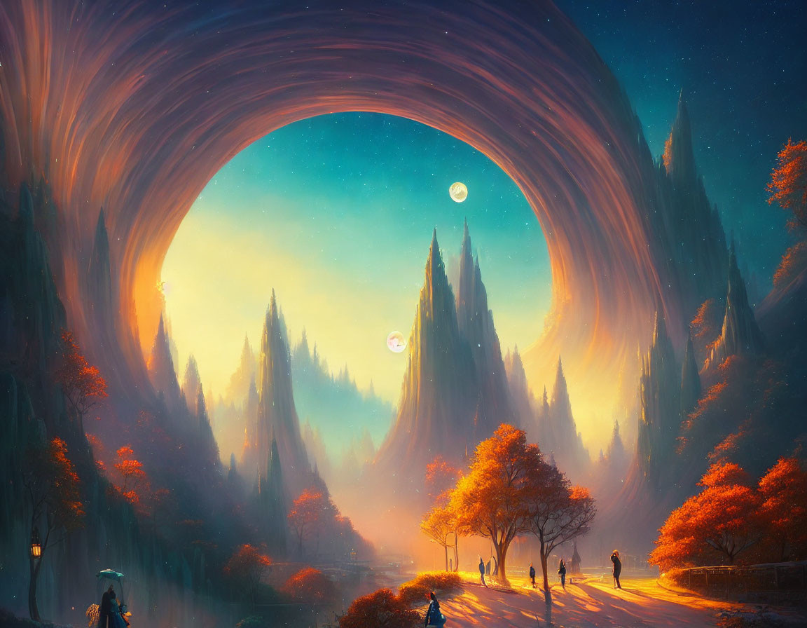 Fantasy landscape with towering spires, swirling sky, people on a path, colorful trees, and