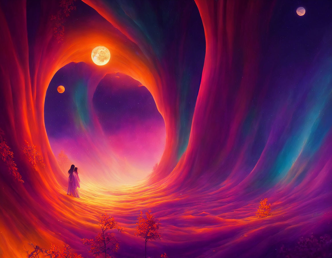 Person at Entrance of Vibrant, Surreal Cave with Purple and Orange Swirls