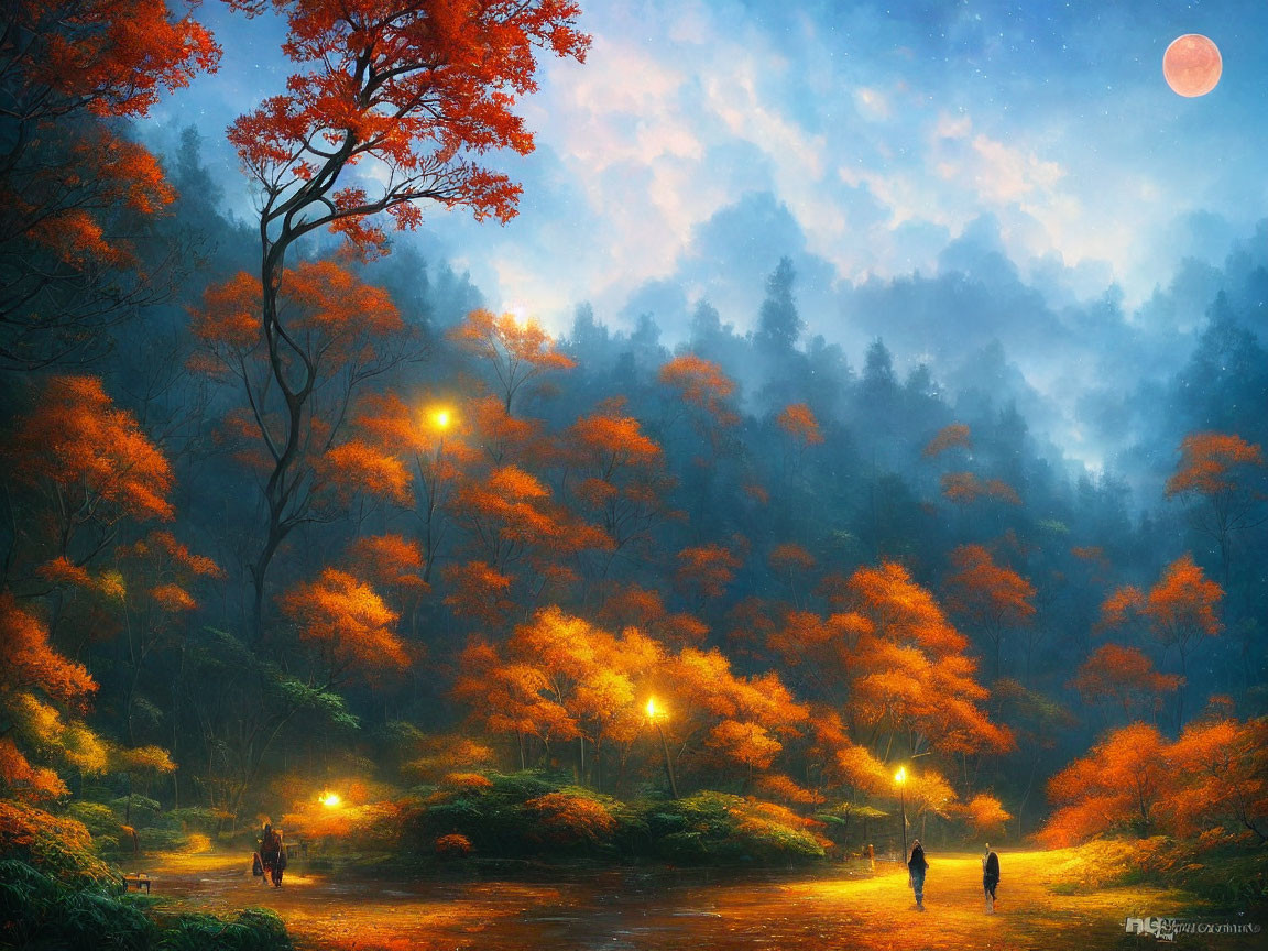 Twilight autumn forest scene with glowing lanterns, moon, mist