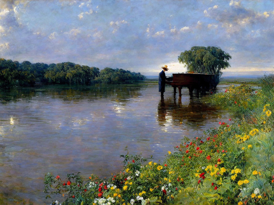 Tranquil river landscape with person by boat amid lush greenery