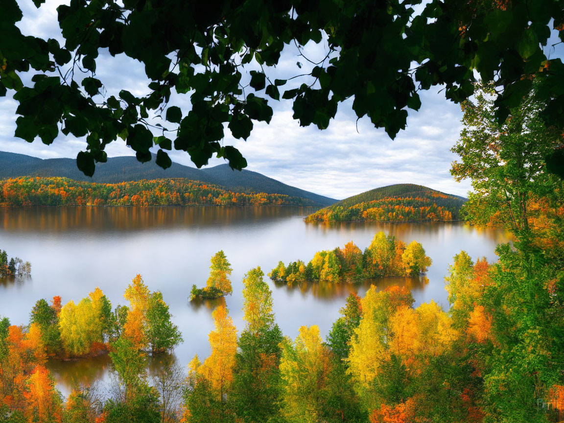 Colorful Autumnal Landscape with Misty Lake and Trees