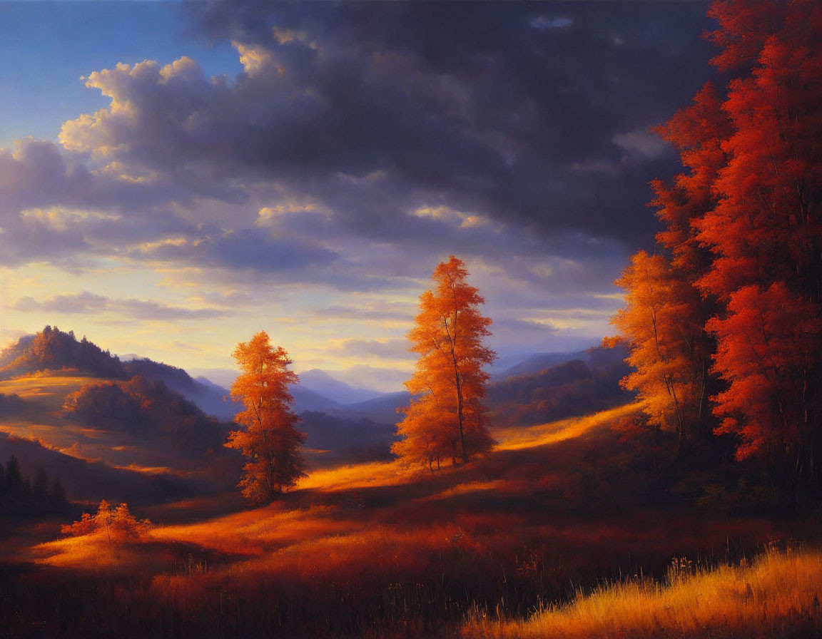 Vibrant Autumn Landscape with Orange Trees and Dramatic Sky