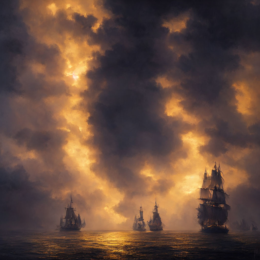 Tall ships sailing in misty waters under dramatic sky