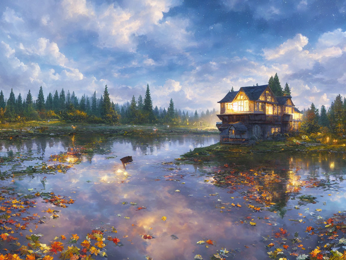 Tranquil twilight lake scene with charming house and autumn leaves