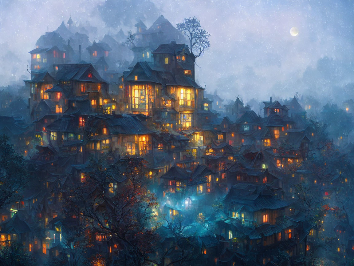 Snowy Fantasy Village: Illuminated Houses in Moonlit Sky