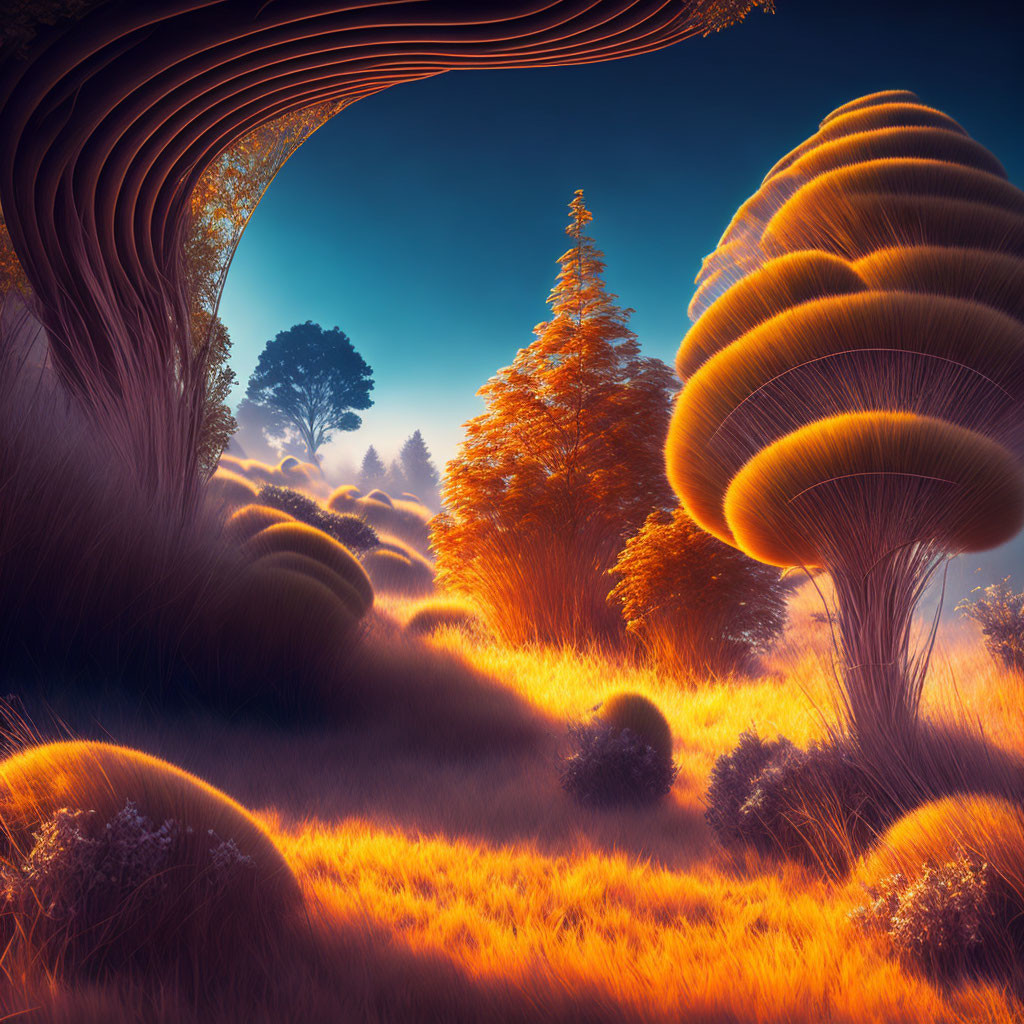 Fantastical twilight landscape with oversized mushroom-shaped trees