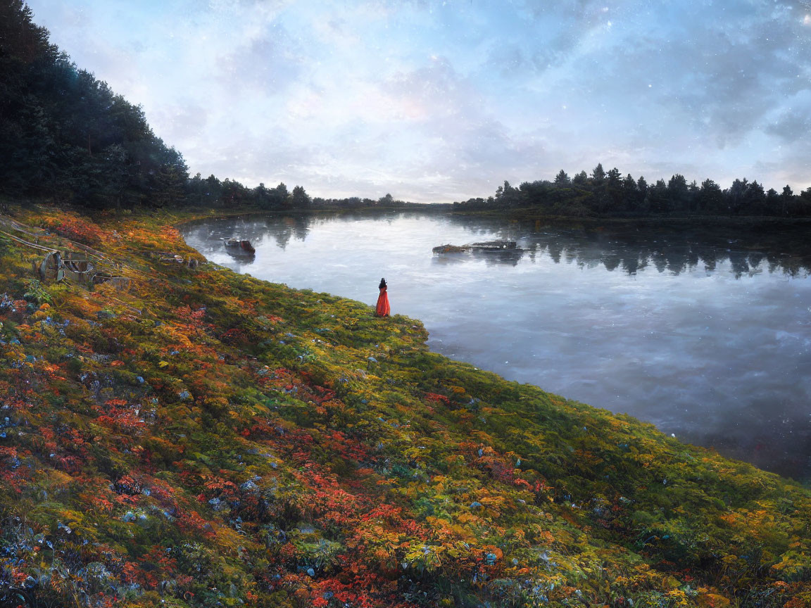 Person in Red Cloak on Vibrant Floral Riverbank at Dawn