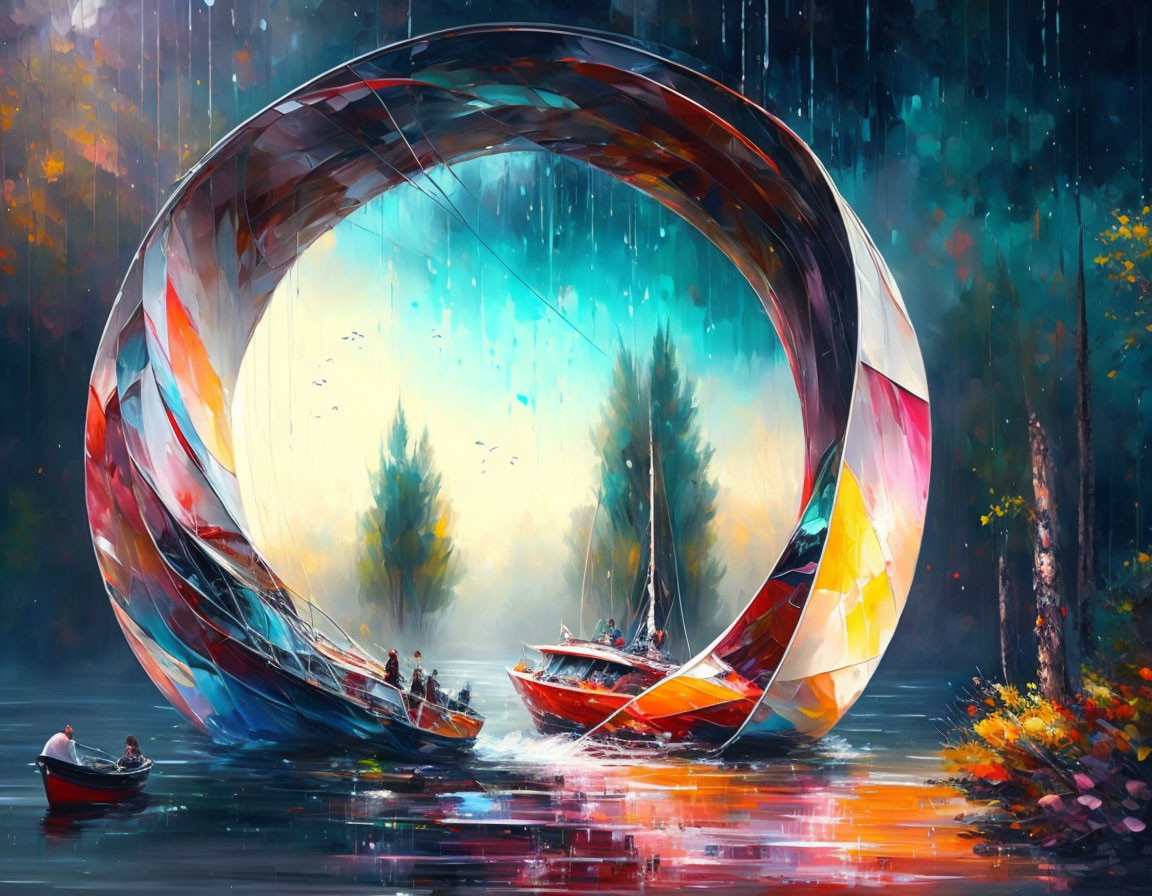 Colorful painting of boats on water with looped structure and rain effect.