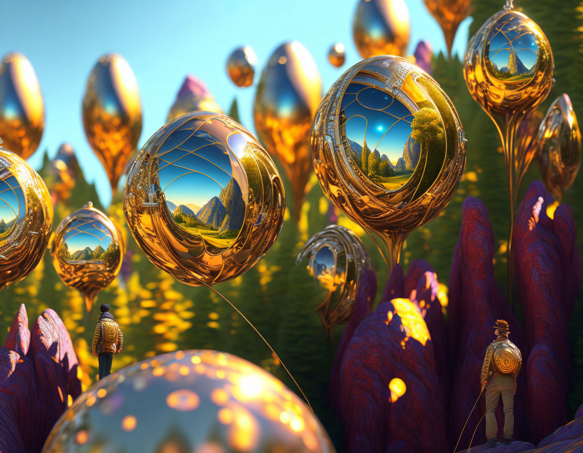 Person in spacesuit surrounded by golden orbs and purple foliage in fantastical landscape