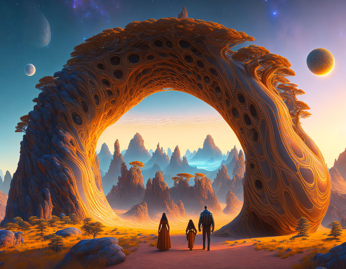 Alien planet landscape with figures and arching structure under twilight sky