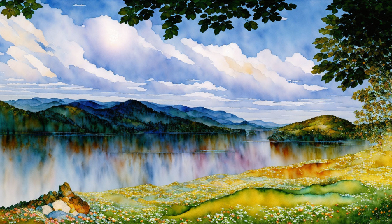 Tranquil lake with colorful hills and soft clouds in vibrant watercolor