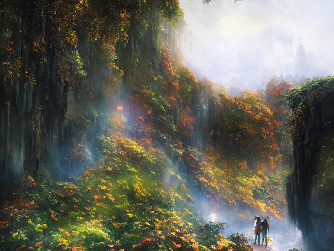 Serene river scene with two people in mystical forest