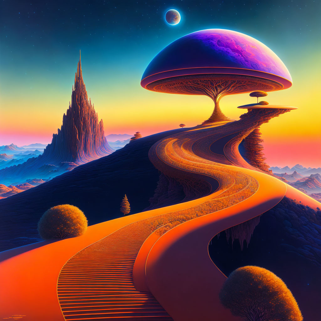 Sci-fi landscape with winding road to futuristic city under giant mushroom structure