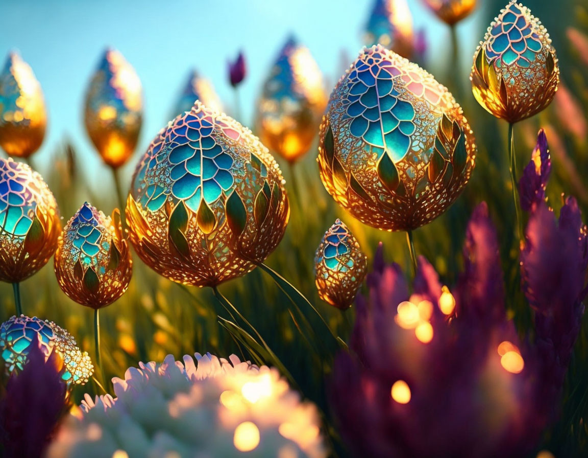 Intricate golden eggs among vibrant flowers at sunset