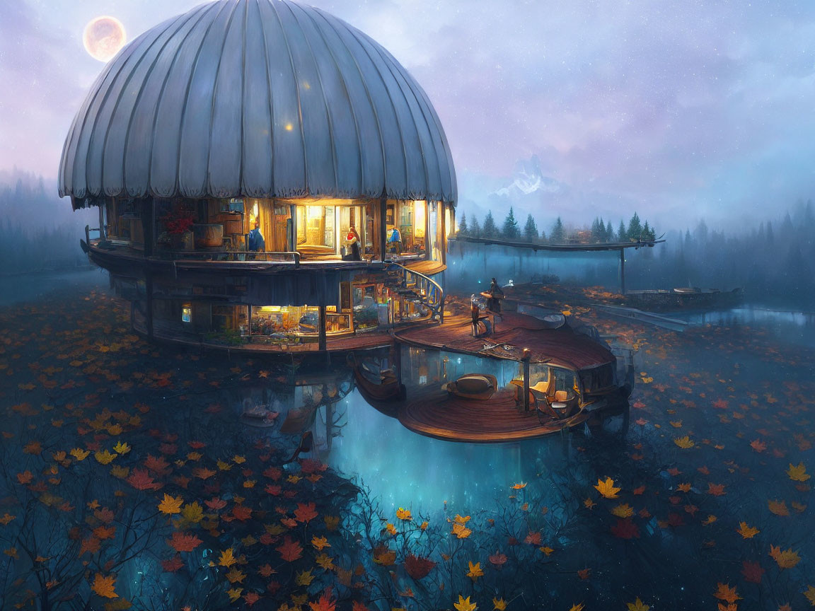 Unique multi-level dome house in forest setting with autumn leaves, crescent moon, illuminated windows, and