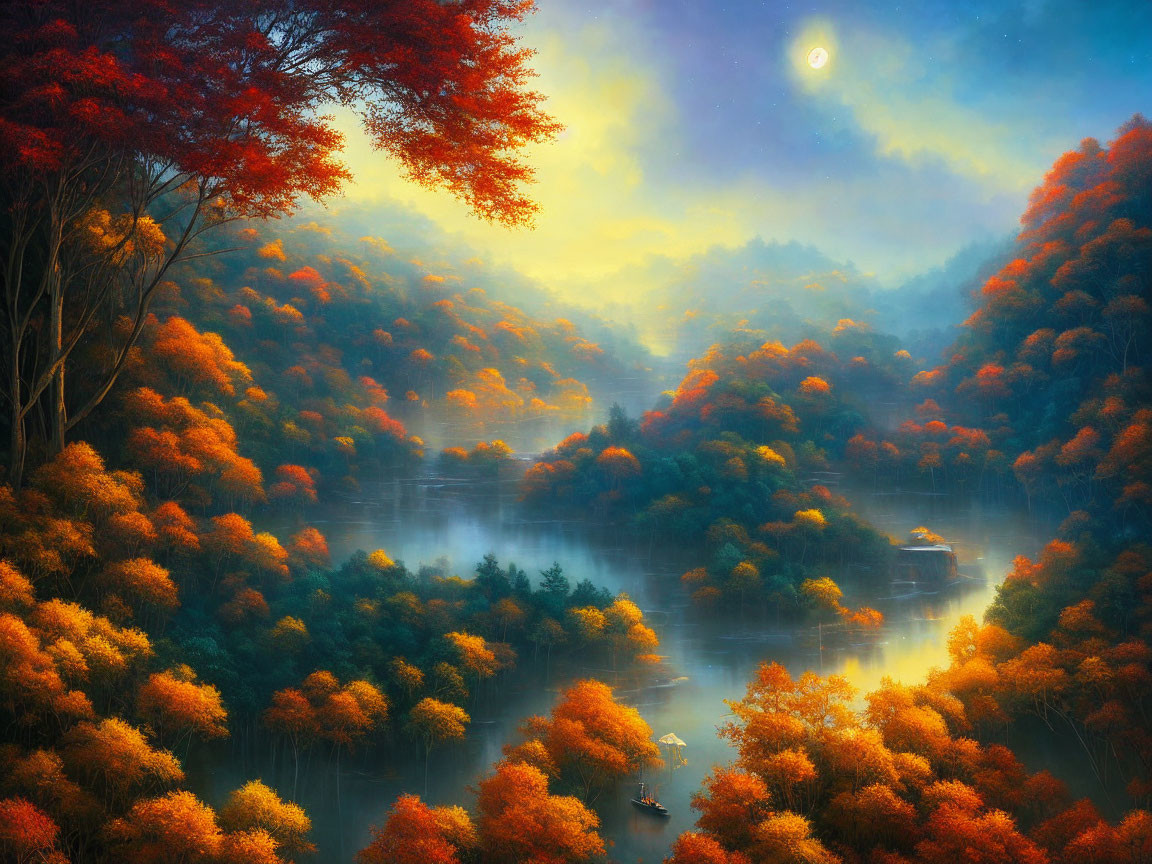 Misty autumn lake with vibrant foliage under twilight sky