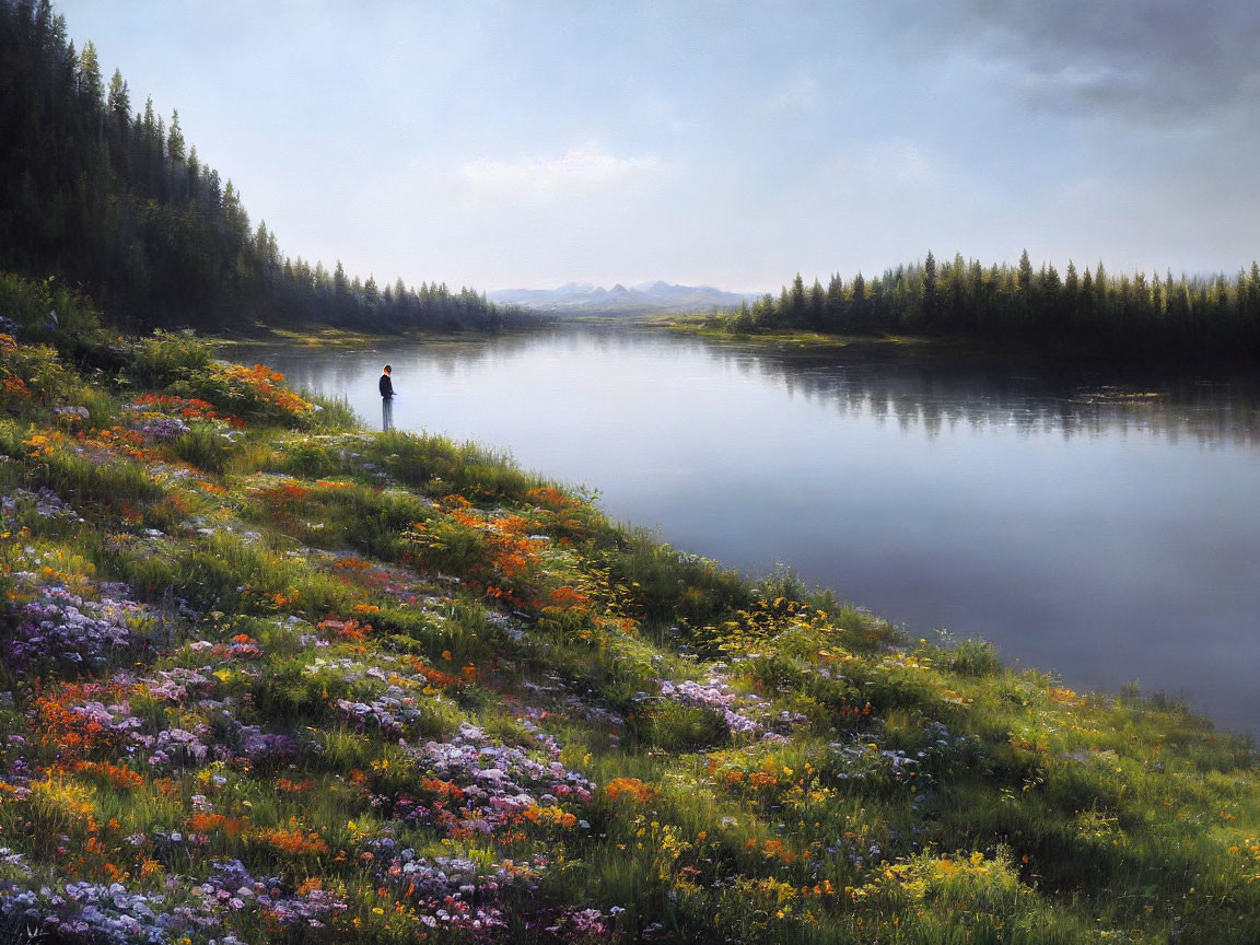 Tranquil landscape with person by calm river, lush greenery, wildflowers, mountains, soft