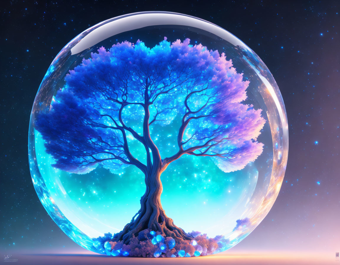 Digitally-illustrated blue foliage tree in transparent sphere under starry night sky