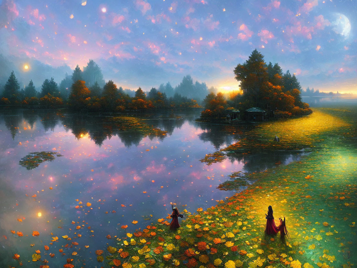 Moonlit fantasy landscape with glowing lanterns, lake, and lush forest