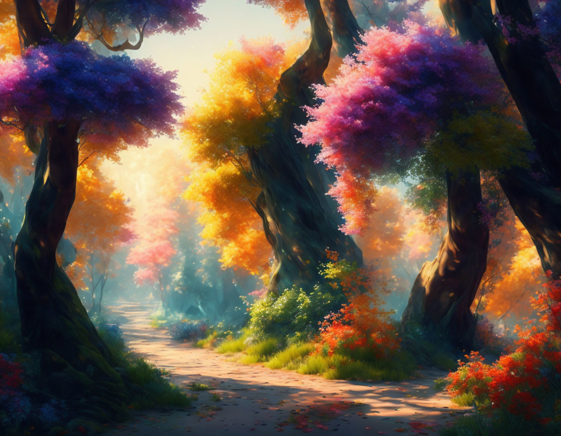 Vibrantly colorful trees in a mystical forest path