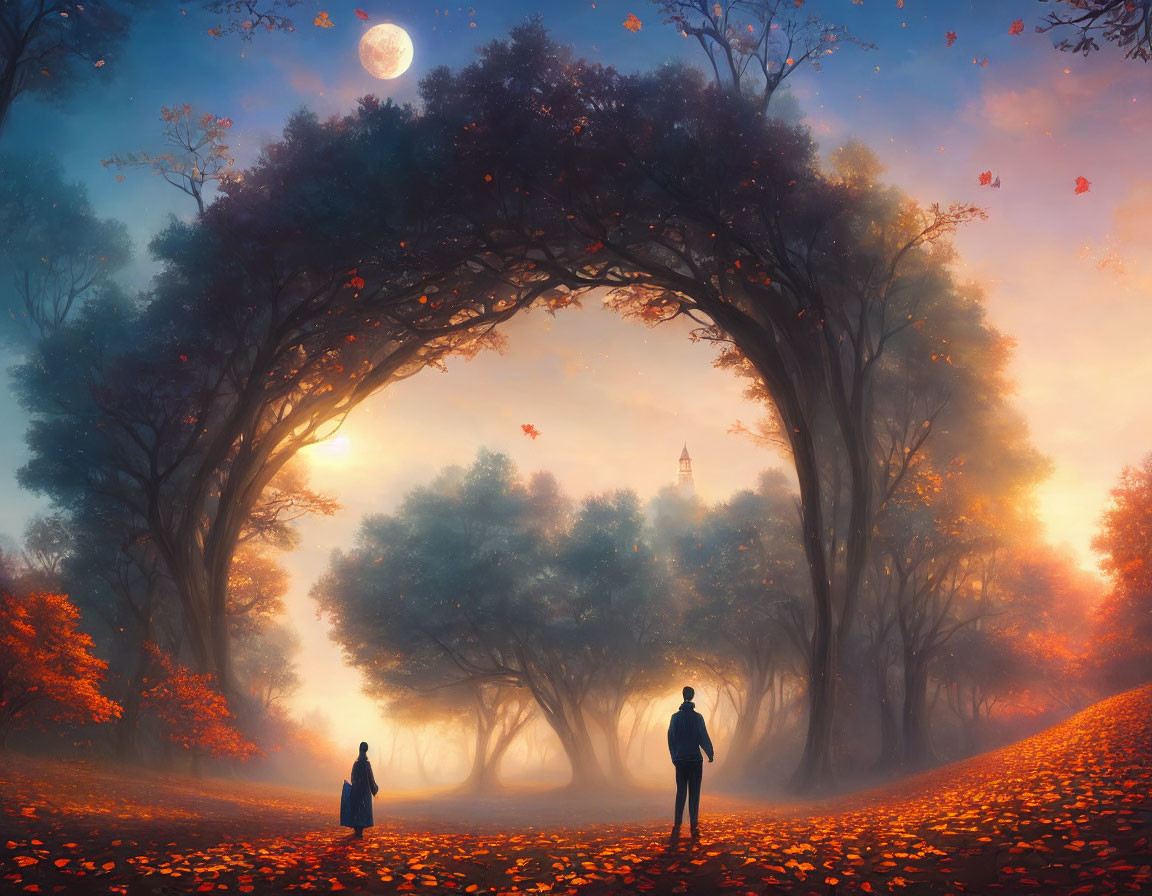 Mystical arched tree canopy with autumn leaves and full moon glow