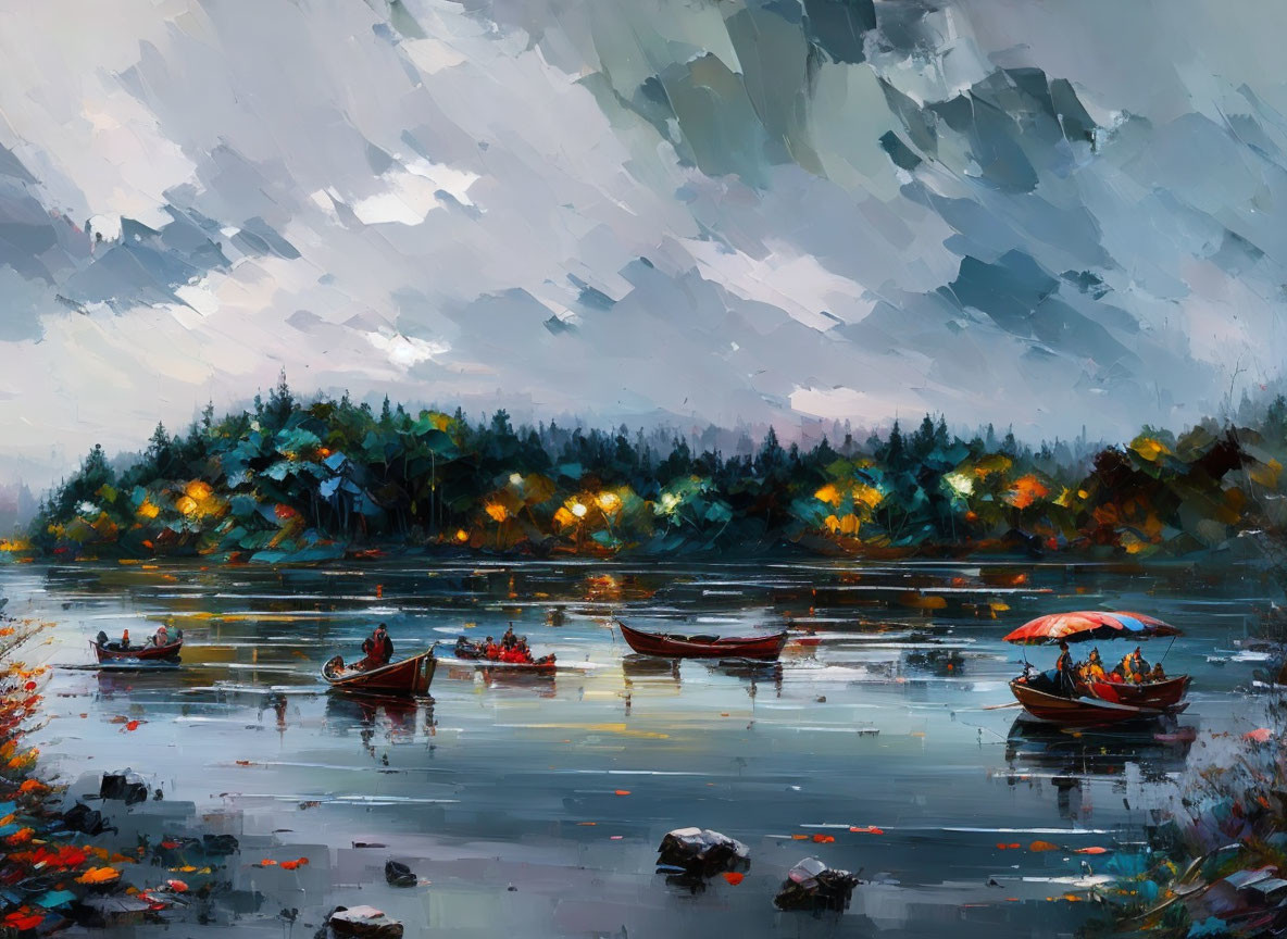 Impressionistic painting: Boats on tranquil river with people, cloudy sky, forest, warm lights