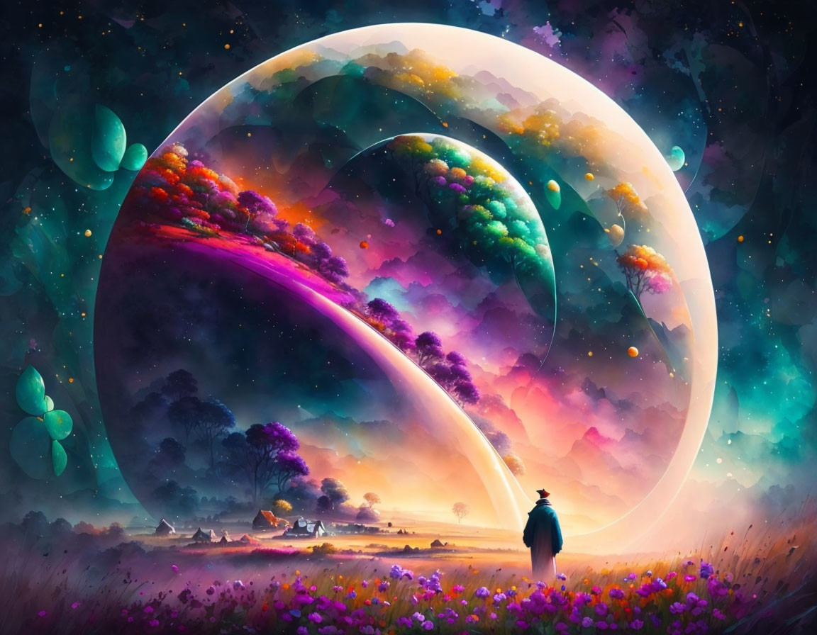 Surreal landscape with colossal moons and vibrant sky