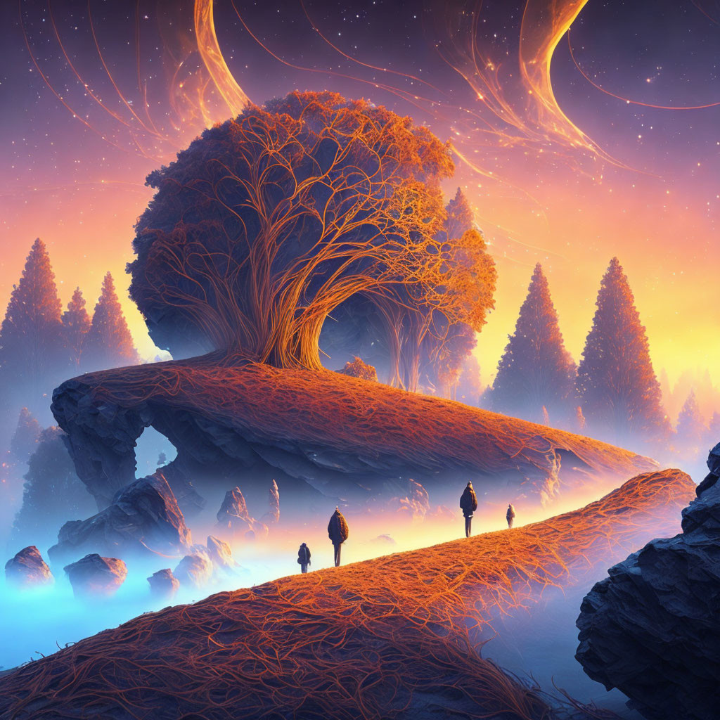 Fantastical landscape with floating land bridge and cosmic sky