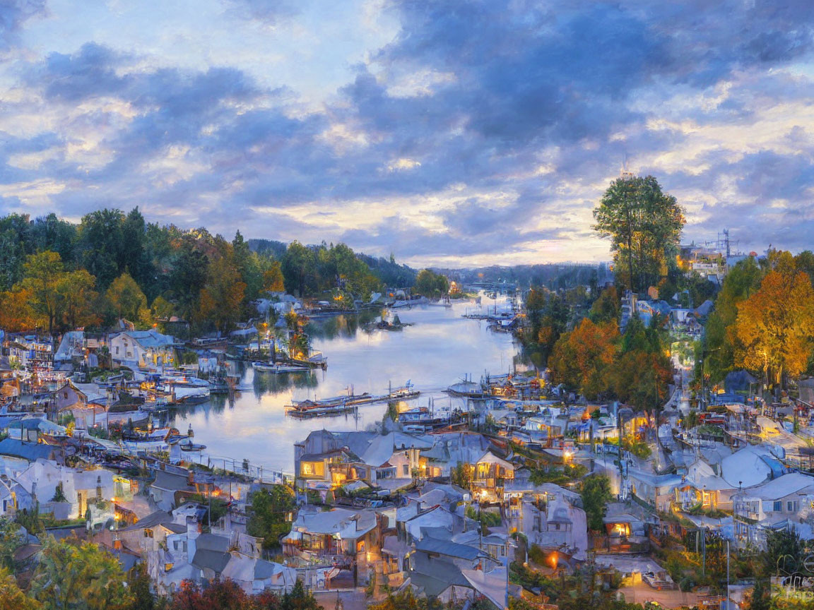 Serene waterfront village at twilight with boats, trees, and houses.