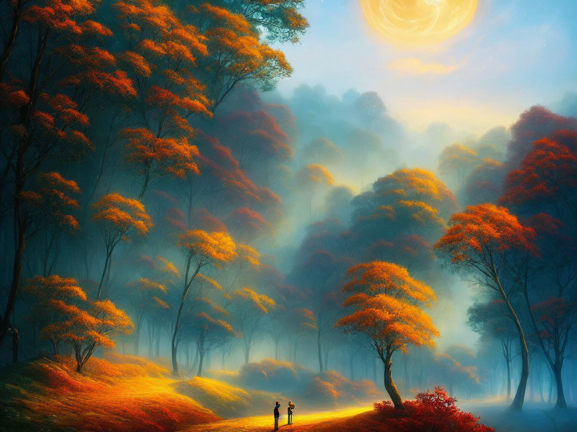 Vibrant orange trees in mystical autumn forest with silhouetted figures