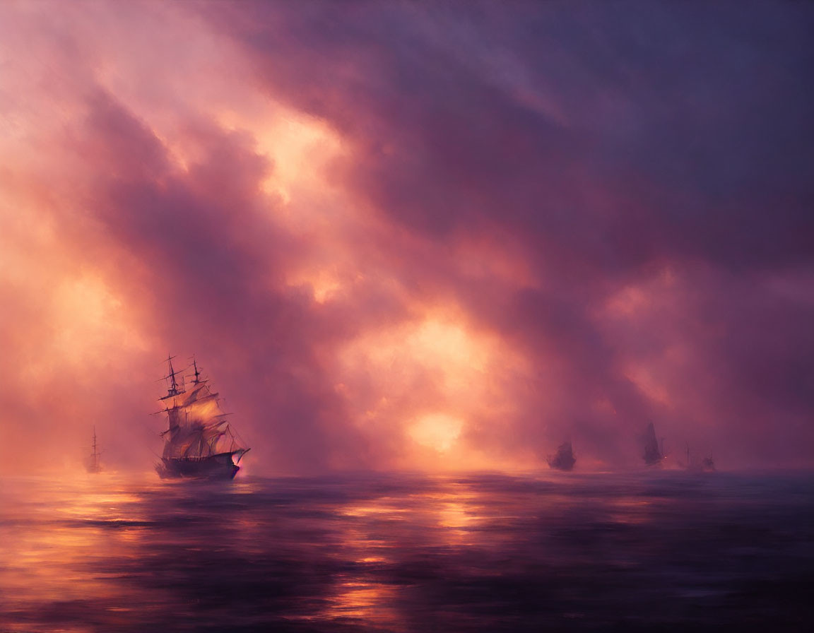 Sailing ships on misty sea with dramatic purple and orange sky at dawn or dusk