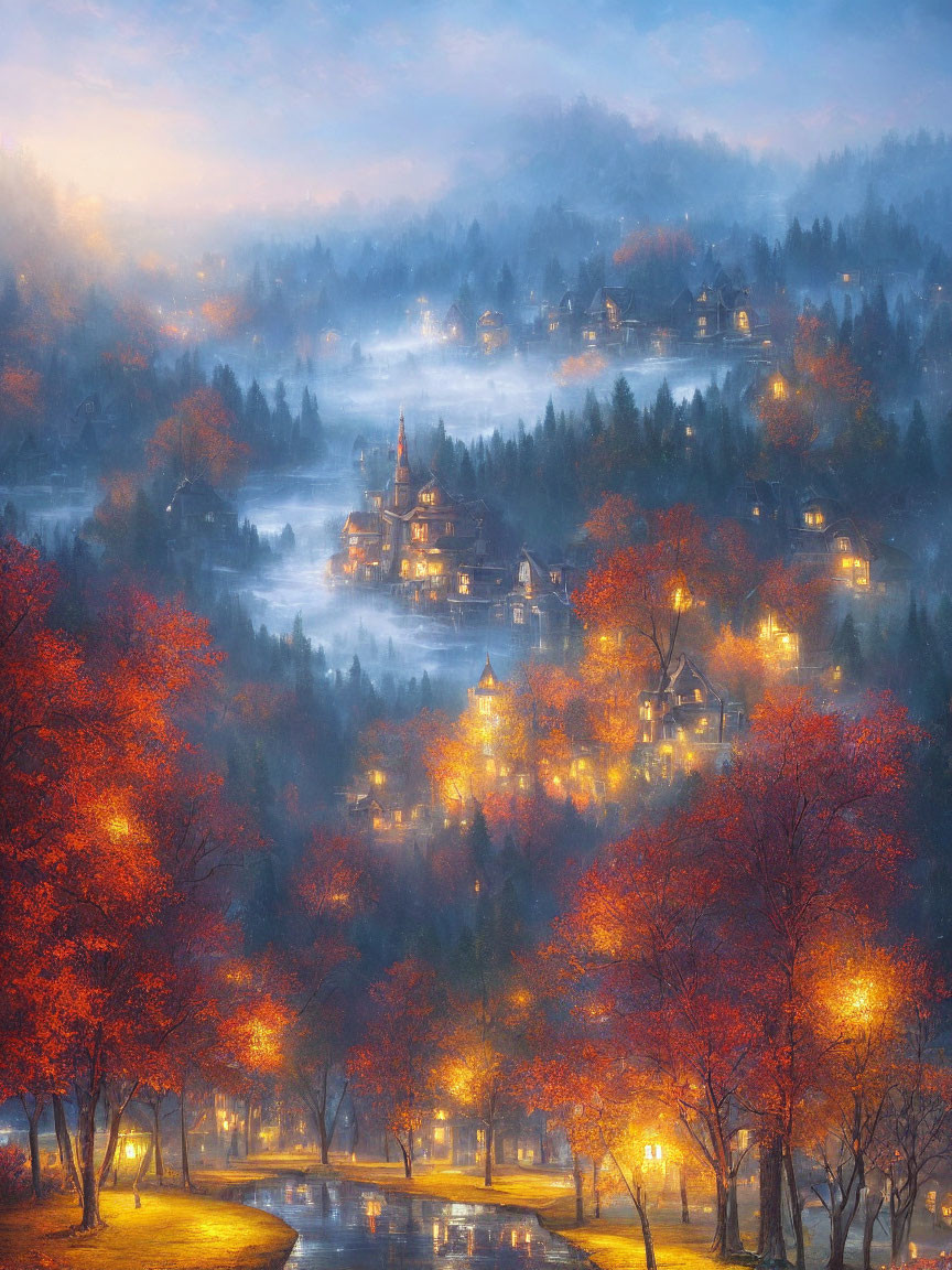 Autumn village in foggy hills with warm lights and vibrant foliage