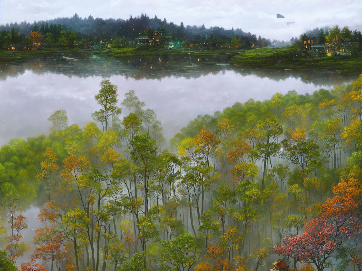 Tranquil autumn landscape with misty lake, vibrant trees, village, and distant balloon