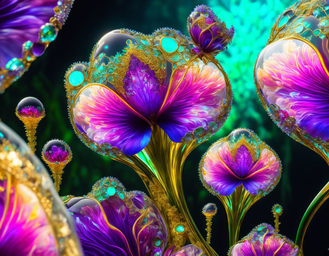 Colorful fractal flowers on dark background with jewel-like accents