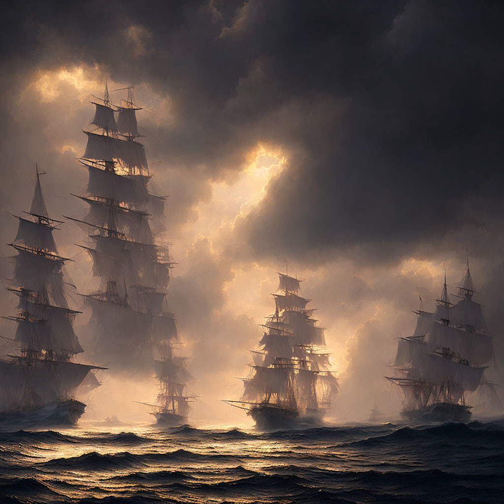 Tall ships sailing in stormy seas under dramatic sky