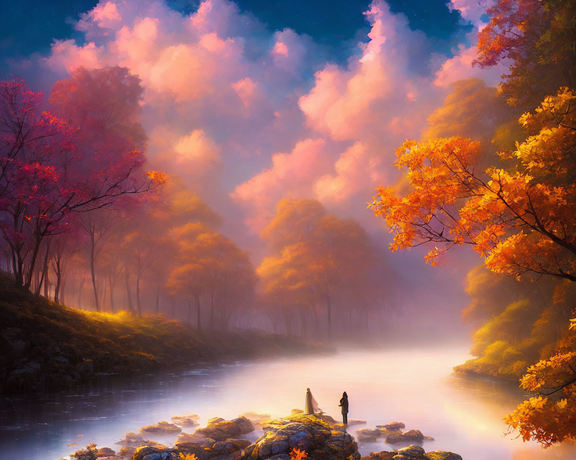 Tranquil autumn landscape with vibrant trees and misty river scene