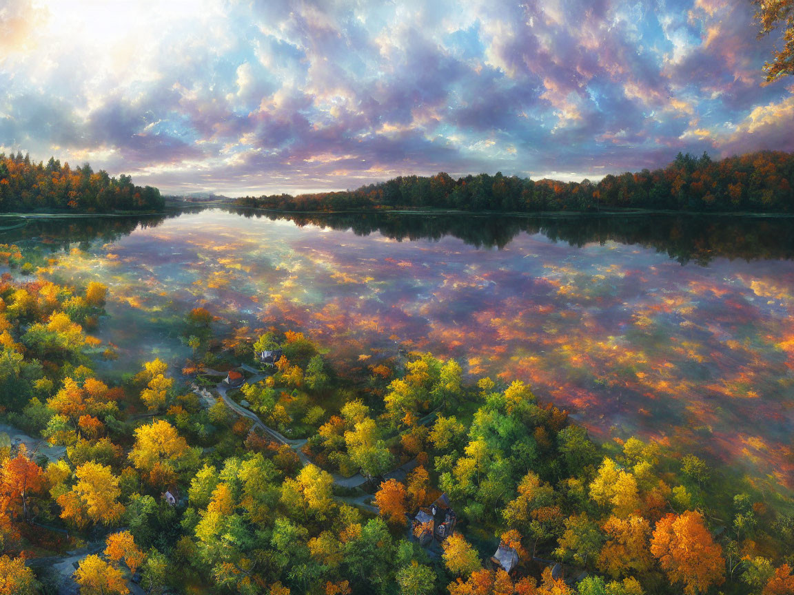 Colorful autumn landscape with trees, river, and dramatic sky at sunset.