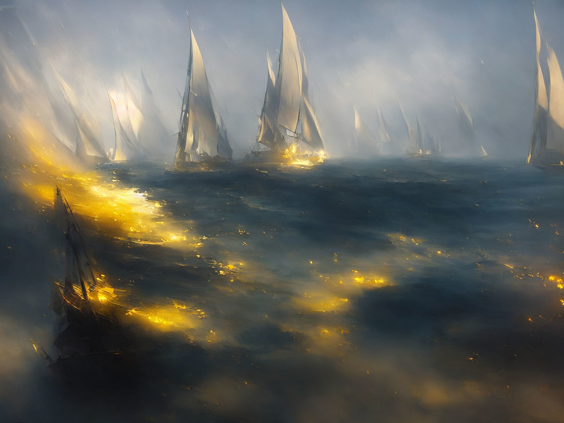 Misty golden-lit waters with sailboats and lit sails