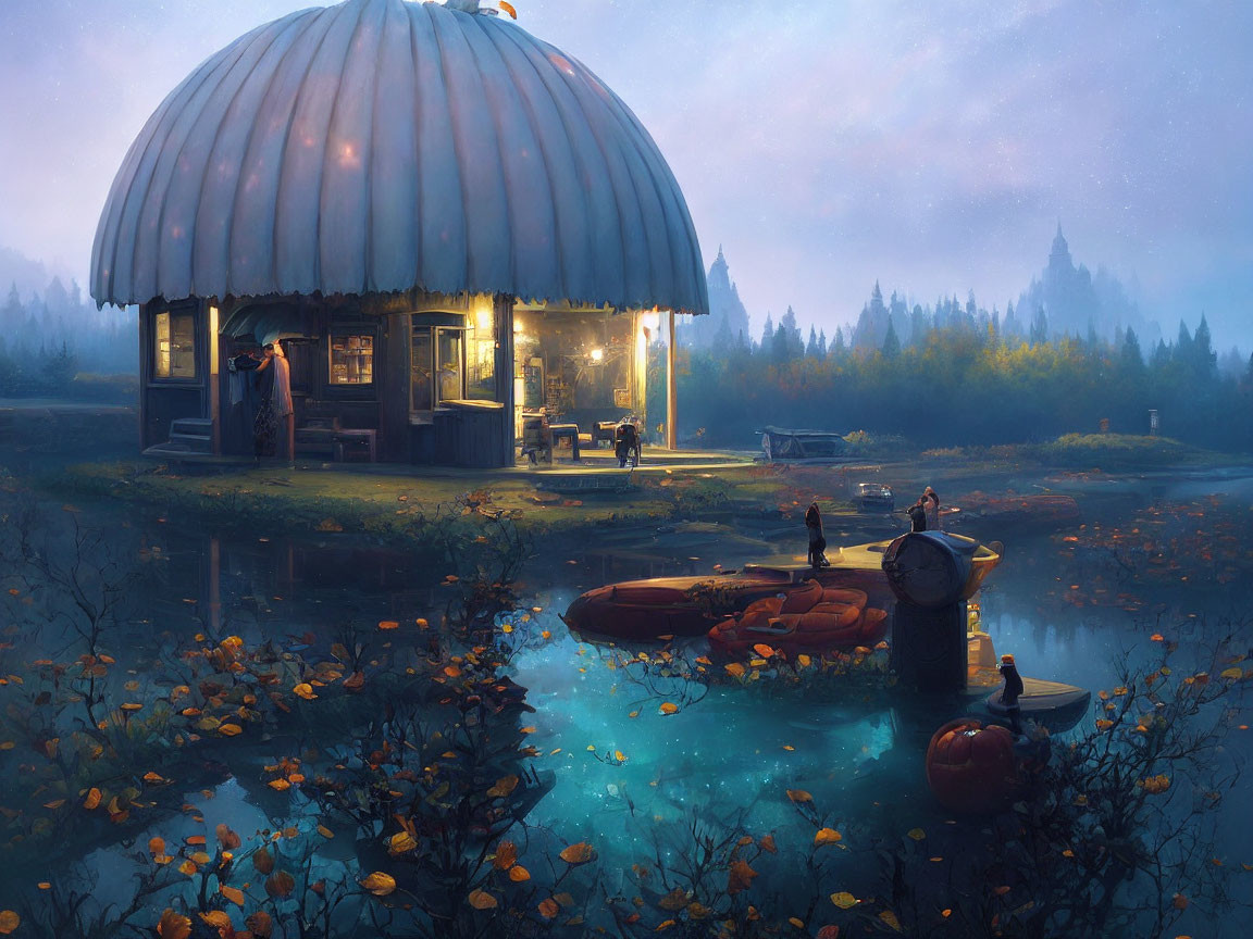 Serene lake cabin with dome roof and autumn setting