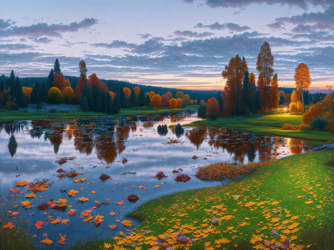 Tranquil autumn twilight scene with colorful trees, lake reflection, fallen leaves, and warm lamp light