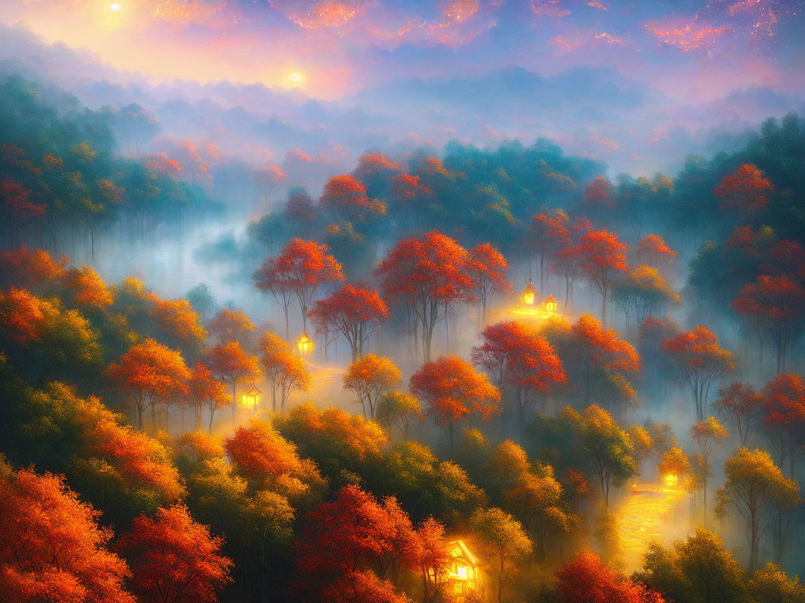 Autumn forest with mist, warm lights, cozy houses under twilight sky