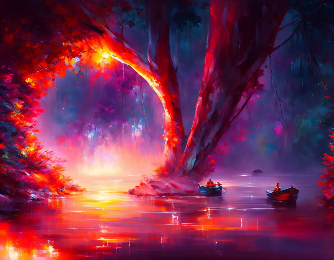 Colorful forest and shining lake digital painting with boating couple under illuminated tree.