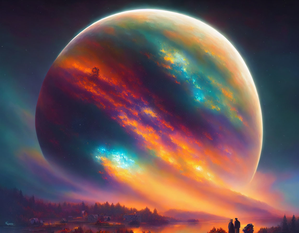 Silhouetted figures admire colorful planet in digital art