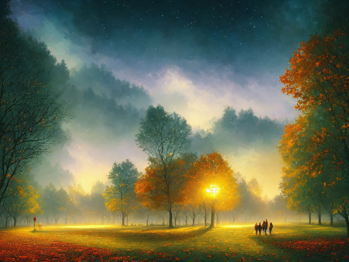 Tranquil autumn park scene with glowing lamp post and starry sky