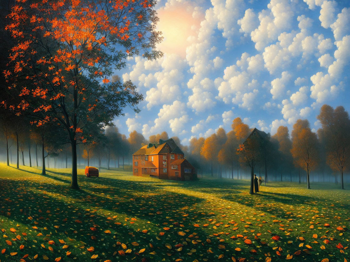 Autumn landscape with red-roofed house, fiery trees, person, and dreamy atmosphere