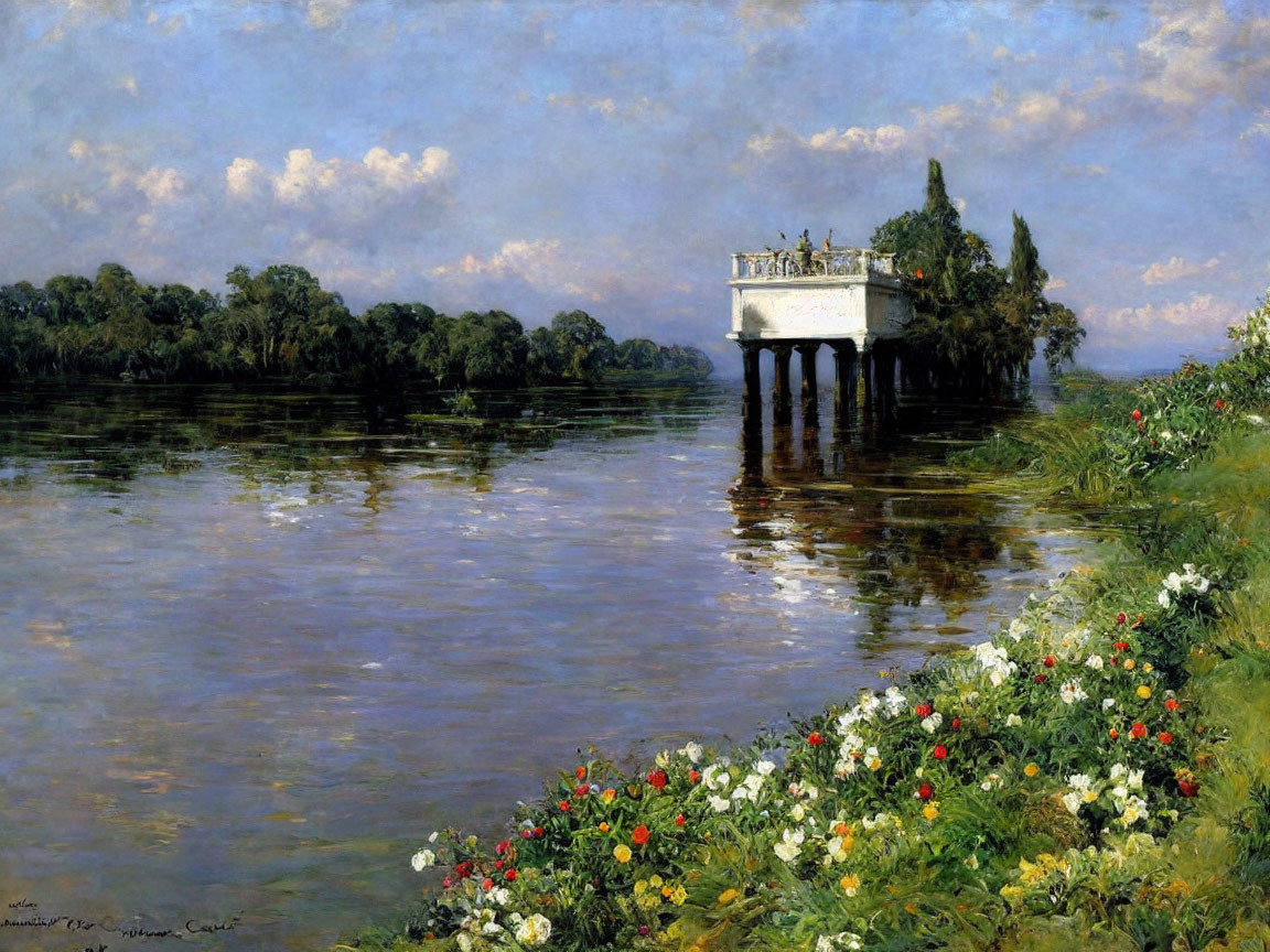 Tranquil river painting with gazebo, people, greenery, and blue sky