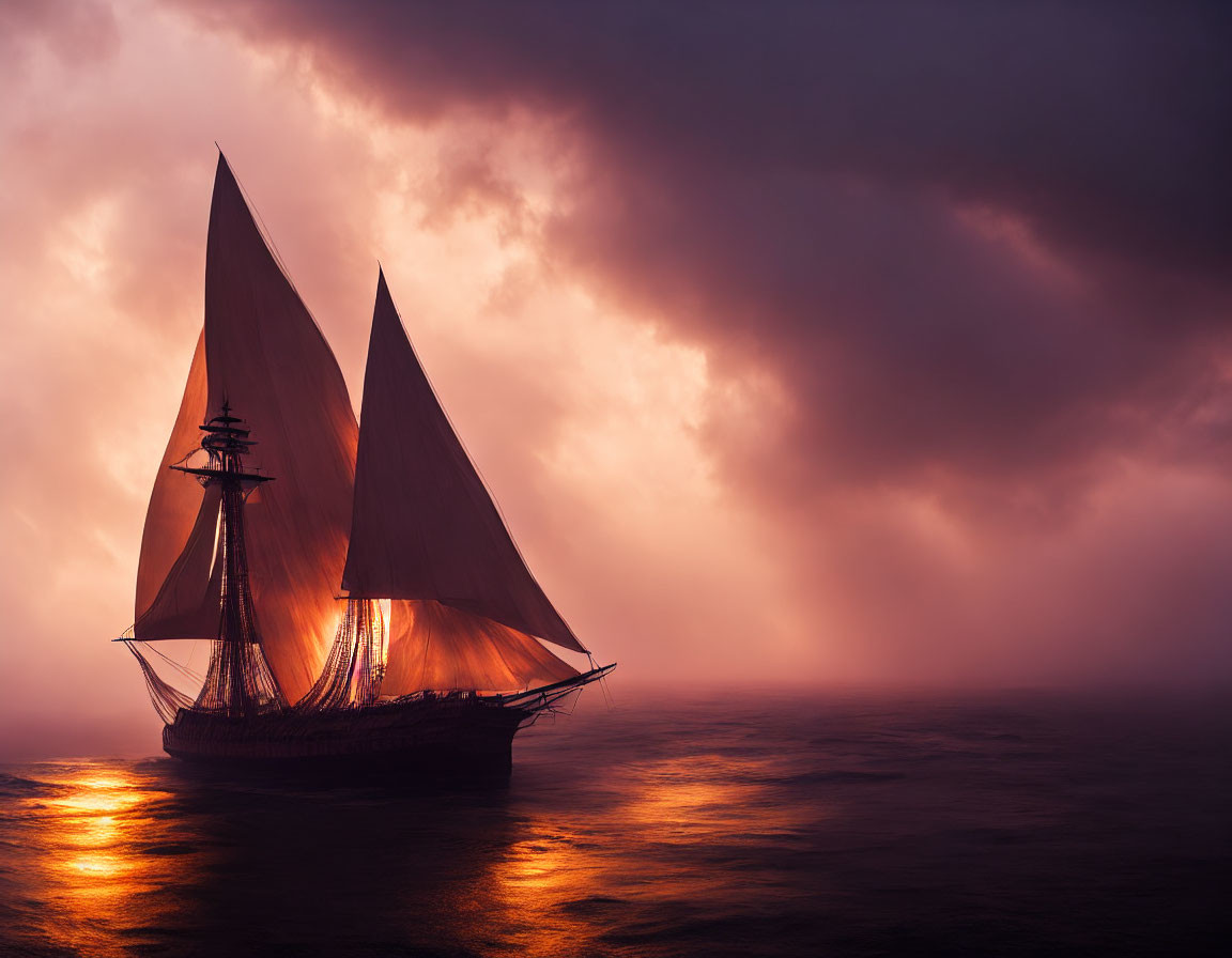 Majestic sailing ship under stormy sky with lit lanterns