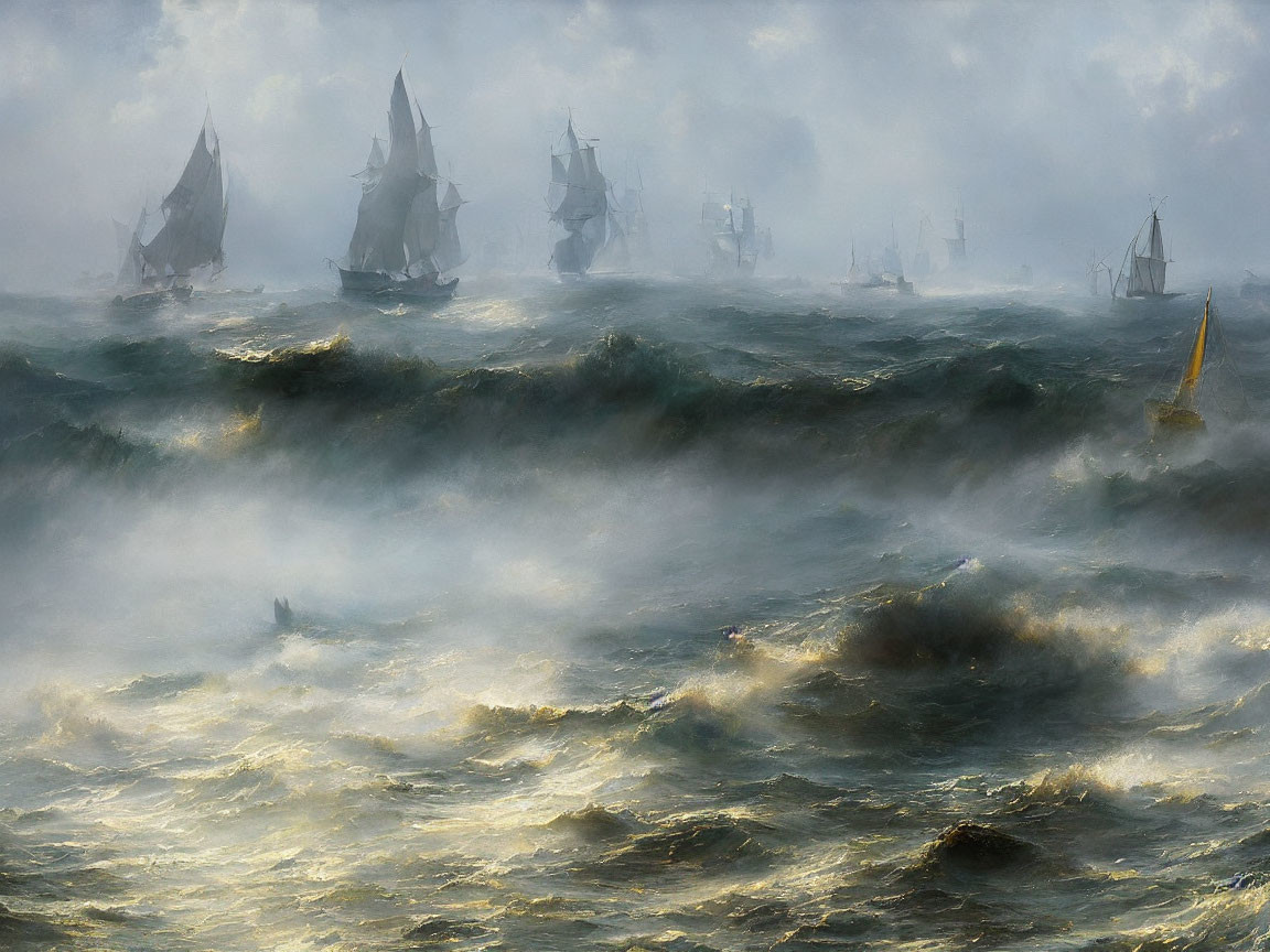 Stormy seascape with sailing ships in turbulent waters