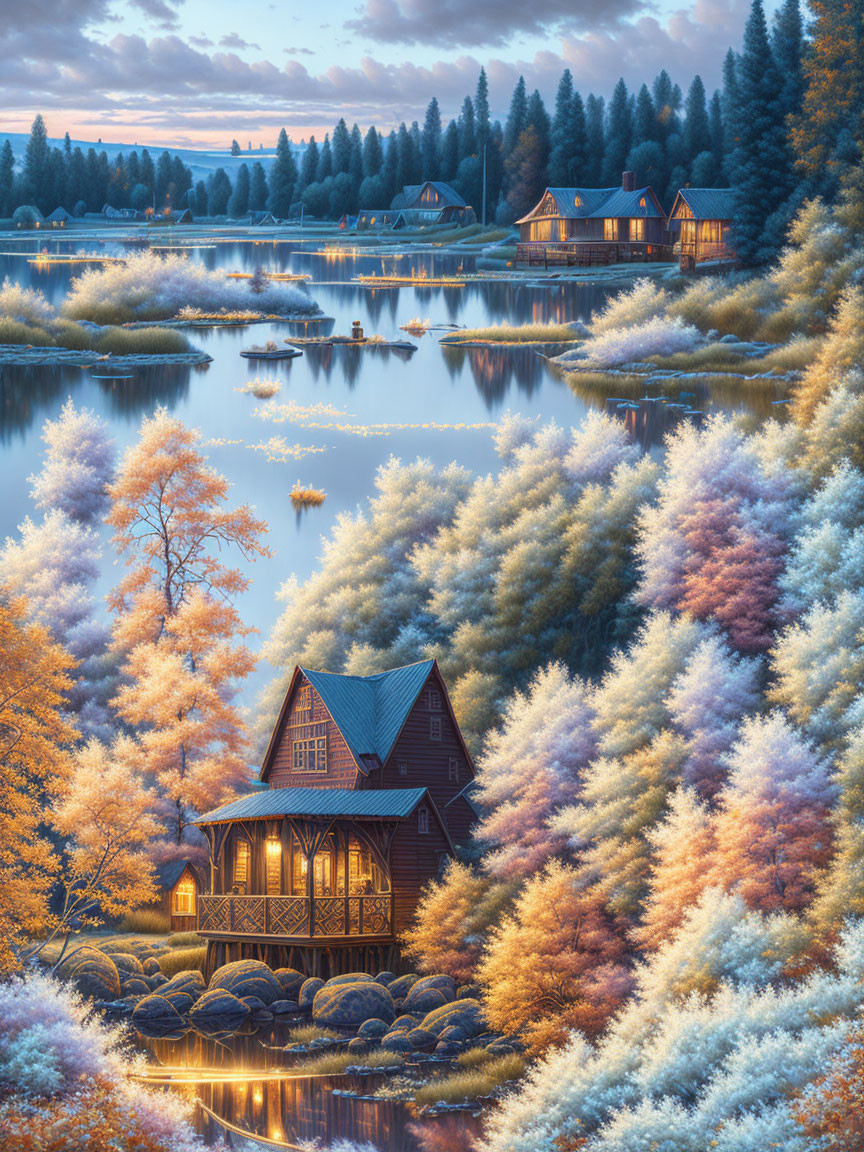 Autumn lakeside cottages surrounded by colorful trees at twilight