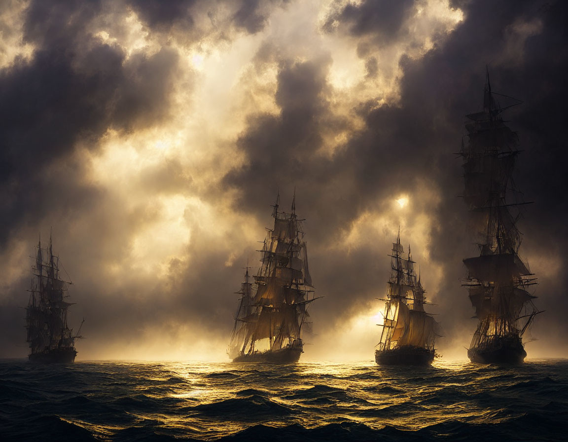 Tall ships on turbulent sea under dramatic sky